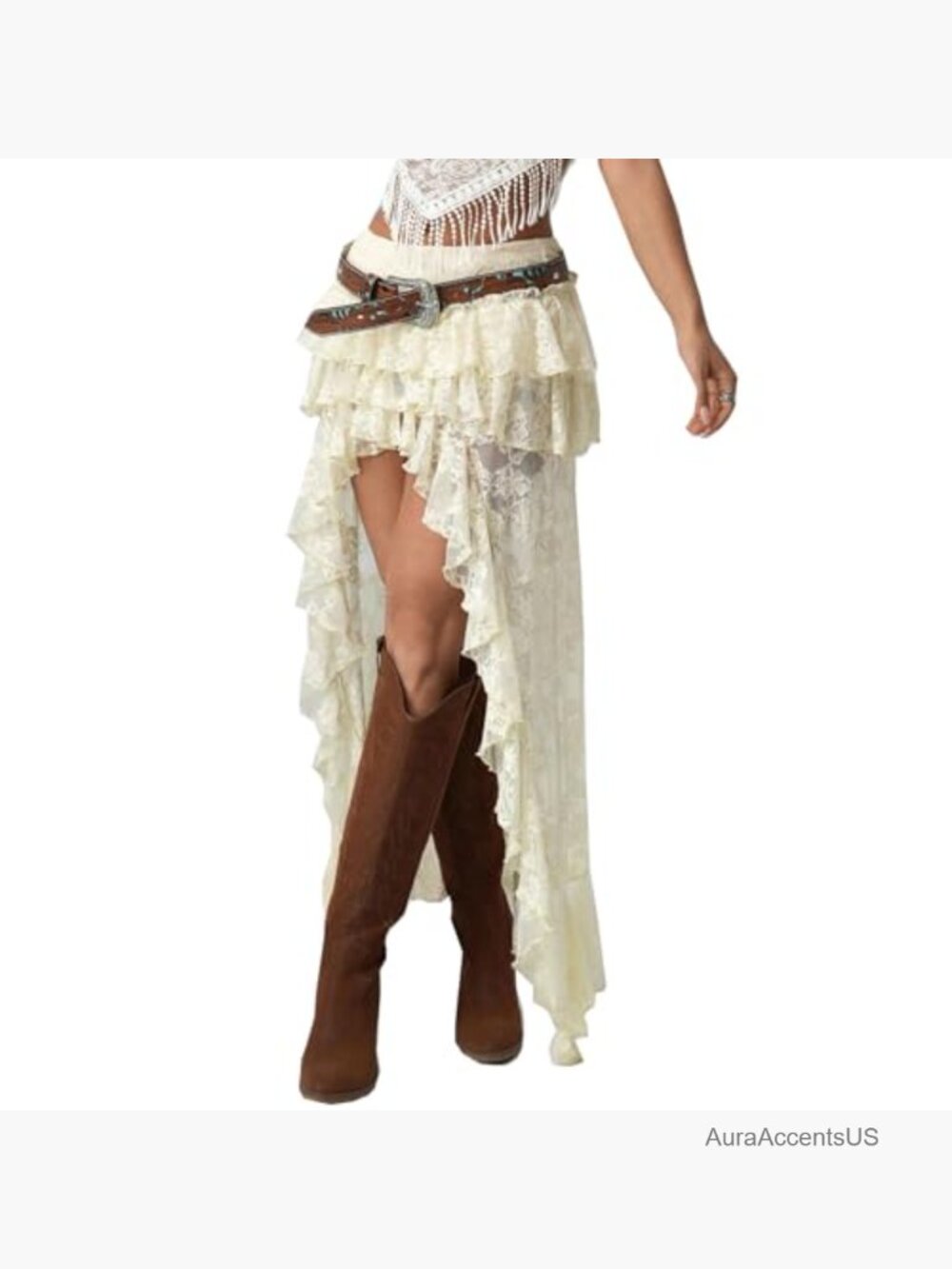 Y2K Layered Lace Asymmetrical Ruffle Hem Maxi Skirt Boho Flowy - Picture 4 of 5